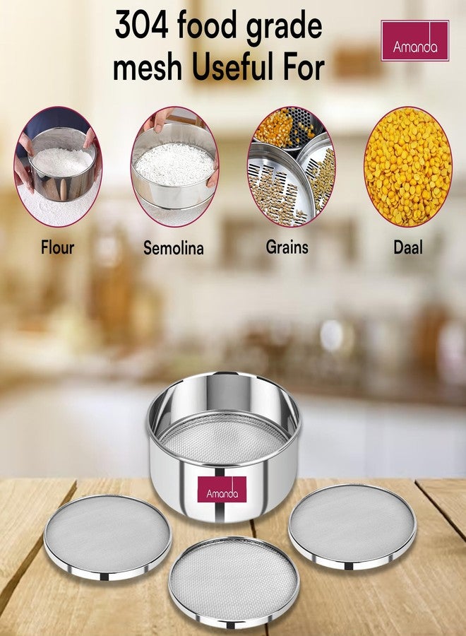 Amanda Stainless Steel 4 in 1 Interchangeable Sieves | Premium 304 Quality Stainless Steel| Size - 8 (Diameter - 19cms) | Atta, Wheat, Rice & Maida Chalni | (Size 9(Diameter - 21cms)) - Image 2